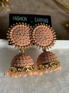 Gold-Tone Pink Jhumka Earrings with Bead Fringe